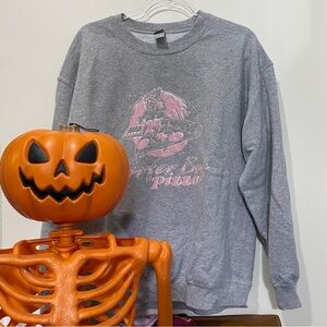 Belle & Park | ST Inspired Surfer Boy Pizza Gray & Pink Crew Pullover Sweatshirt